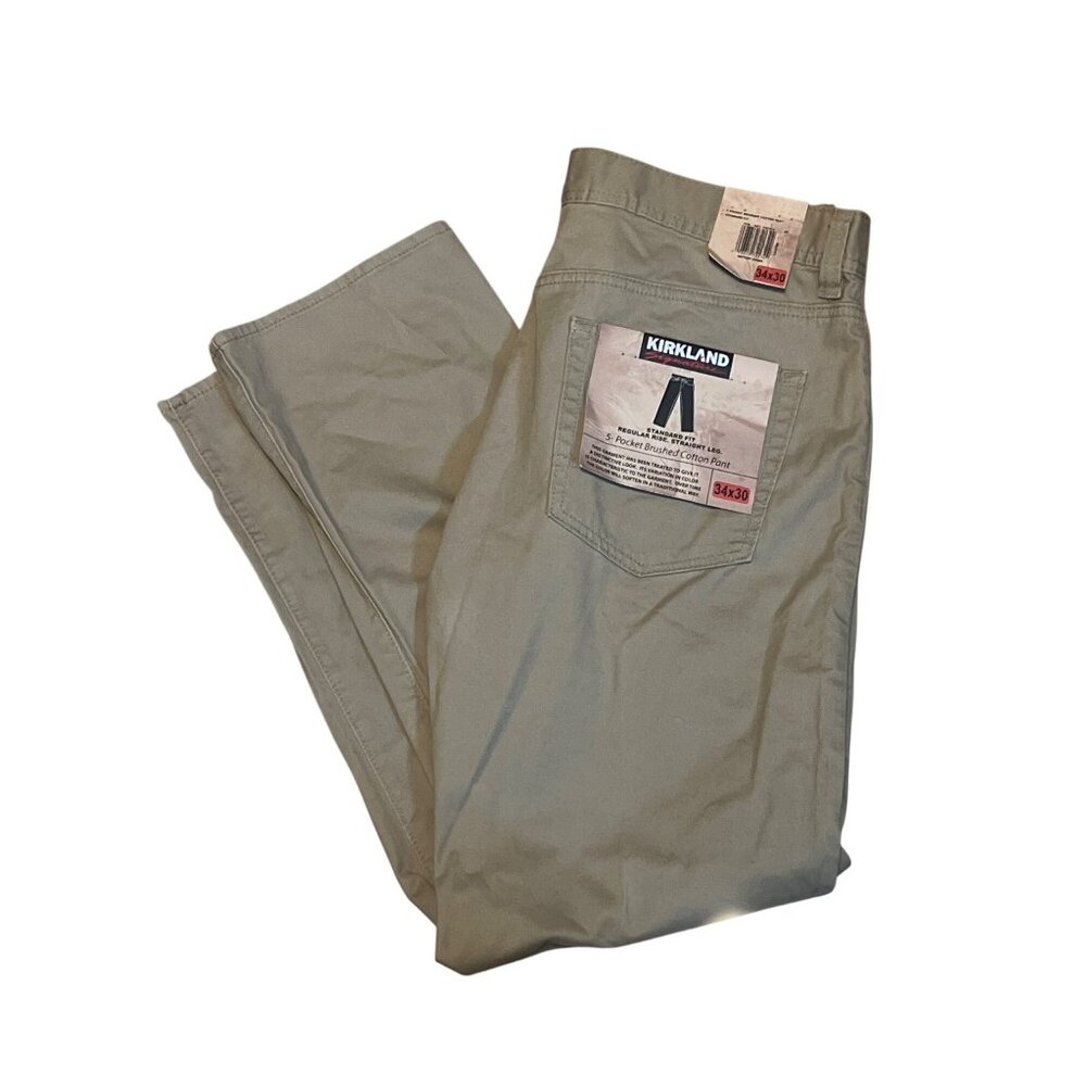 Kirkland Signature Regular Fit 5-Pocket Brushed Cotton Pants 34x30 Mens Khaki